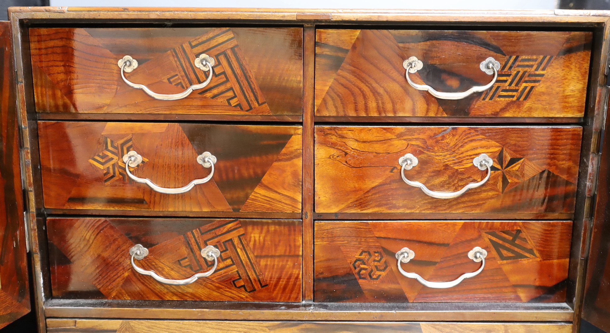 A 19th century Japanese Hakone parquetry table top chest, 55 cms wide x 46.5 cms high.